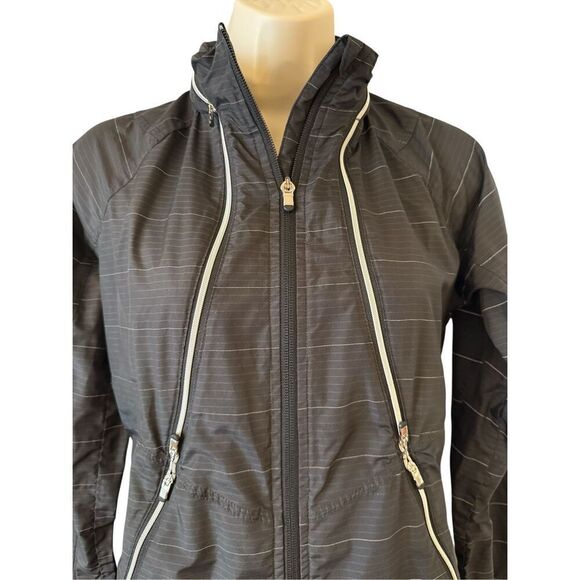 Athleta Windbreaker Black Run On Jacket Size XXS Striped Lightweight Zip Up Hood - Picture 2 of 9